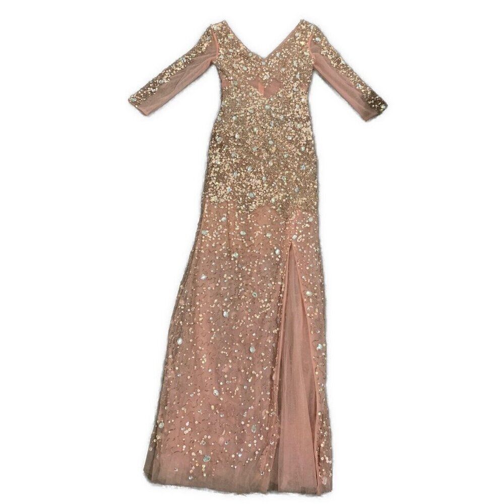 Dulcci Vetan Pink Jeweled Beaded V Neck Long Formal Princess Gown Dress 2 Xs